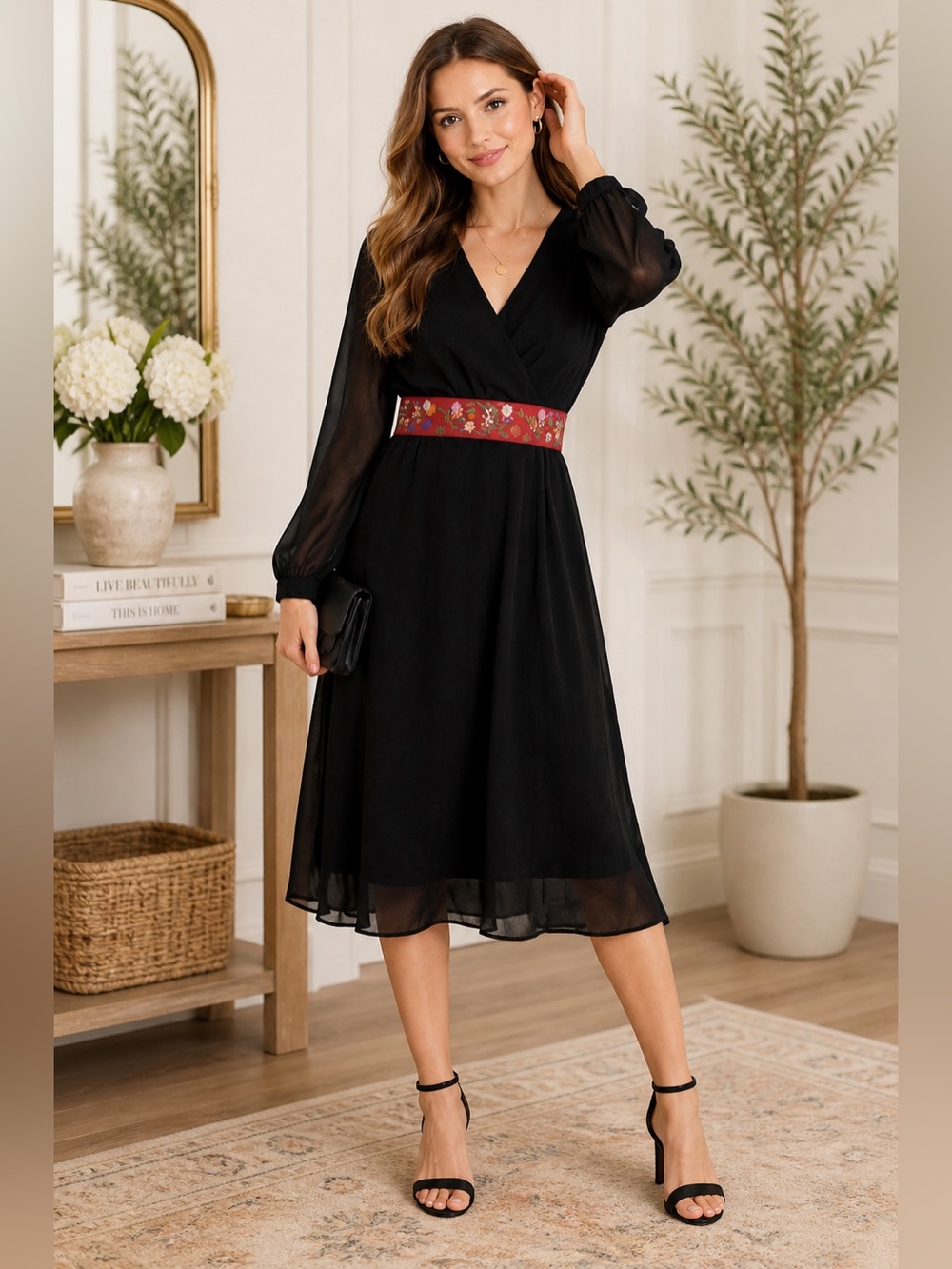 NWT ASOS Black Sheer Midi Dress Floral Embroidered Waist Size 12